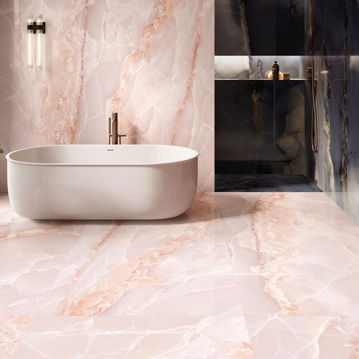 Emporio Pink Onyx Porcelain Tile 24"x48" |  pink marble tile bathroom