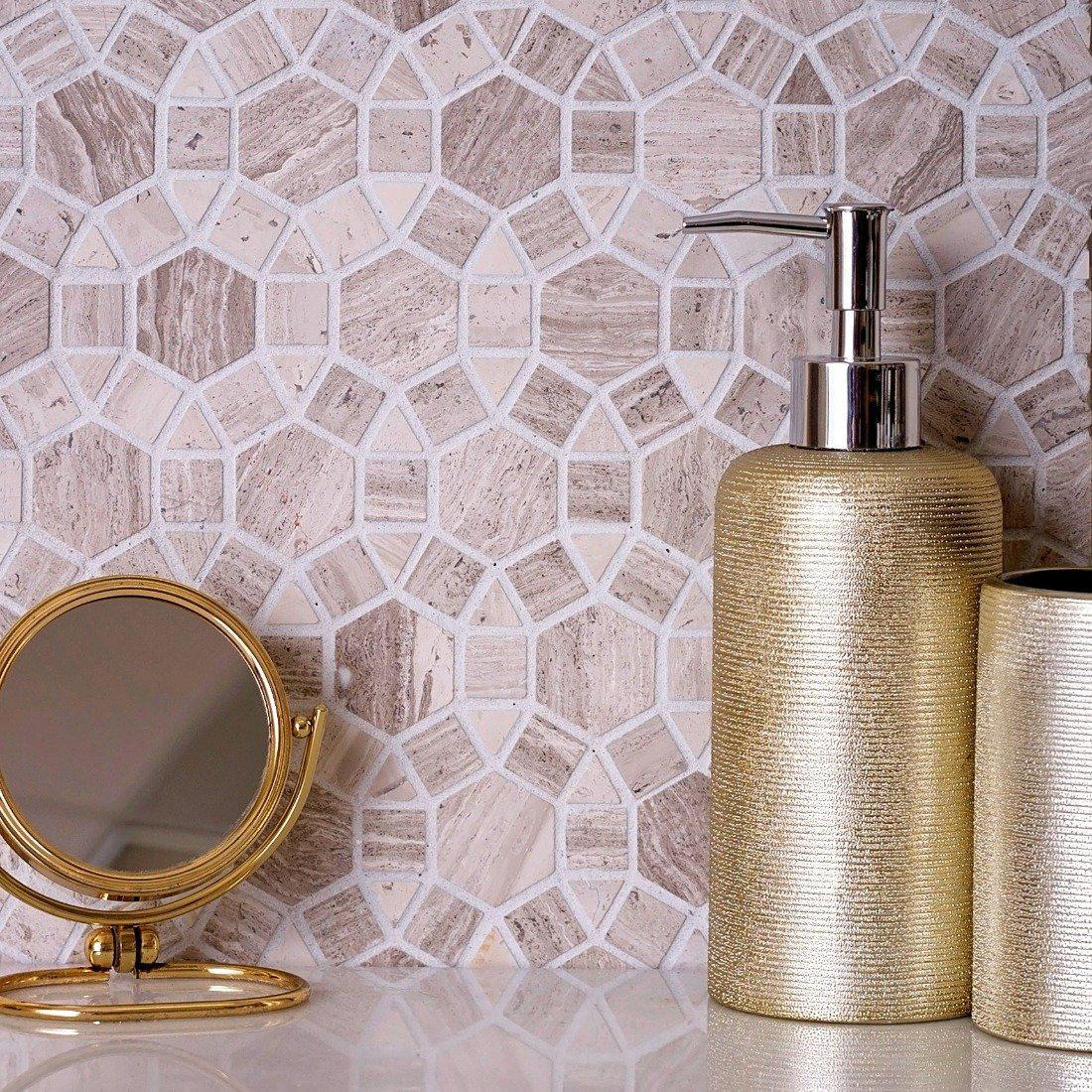 Enigma Wooden Beige Marble Mosaic Tile