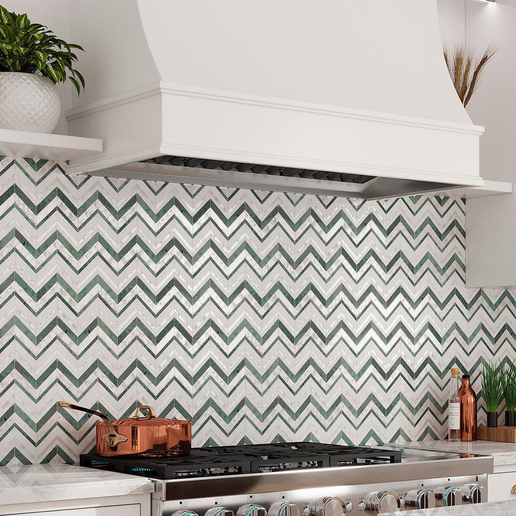 Envy Chevron Pearl Green Marble and Shell Kitchen Backsplash