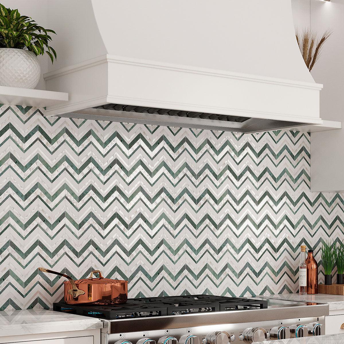 Envy Chevron Pearl Green Marble and Shell Kitchen Backsplash
