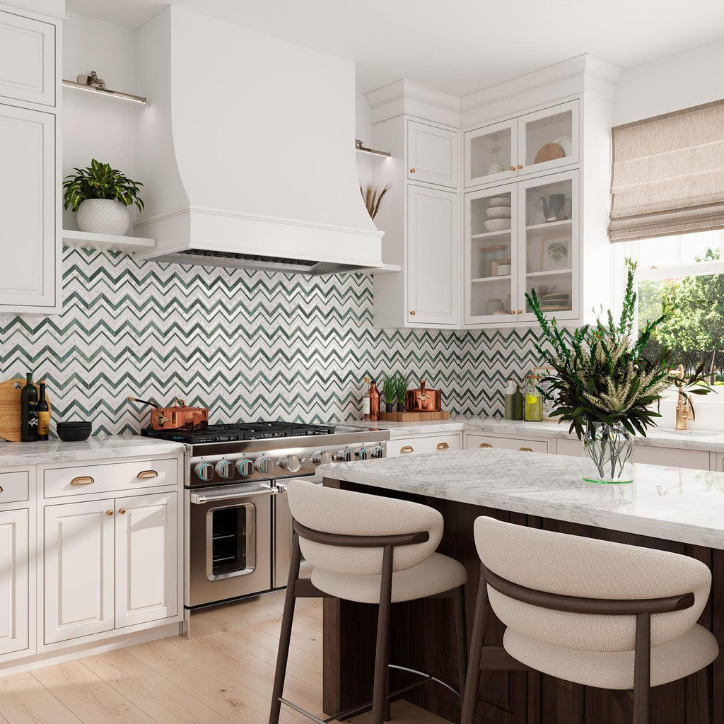 Envy Chevron Pearl Green Marble and Shell Tile | Tile Club