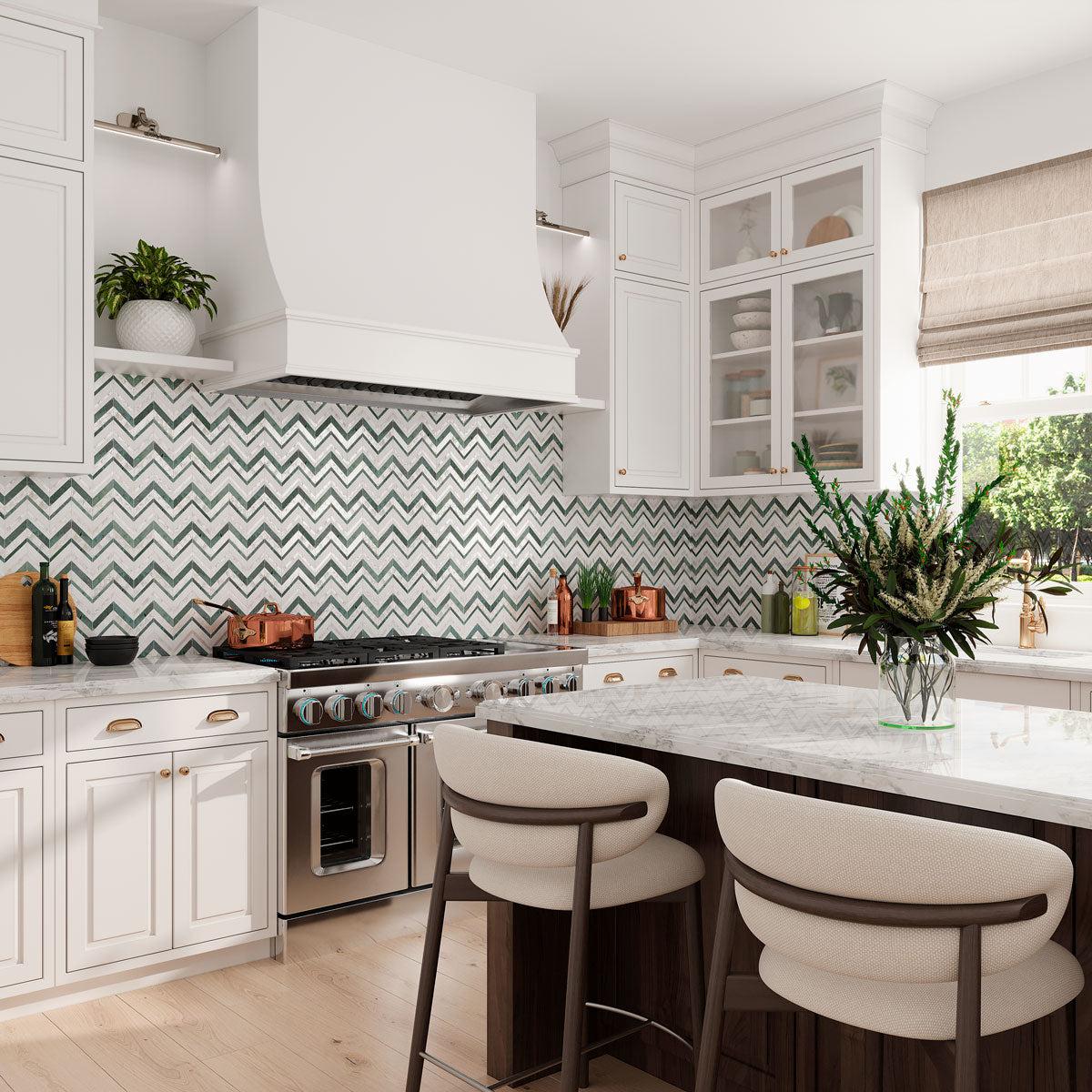 Envy Chevron Pearl Green Marble and Shell Tile | Tile Club