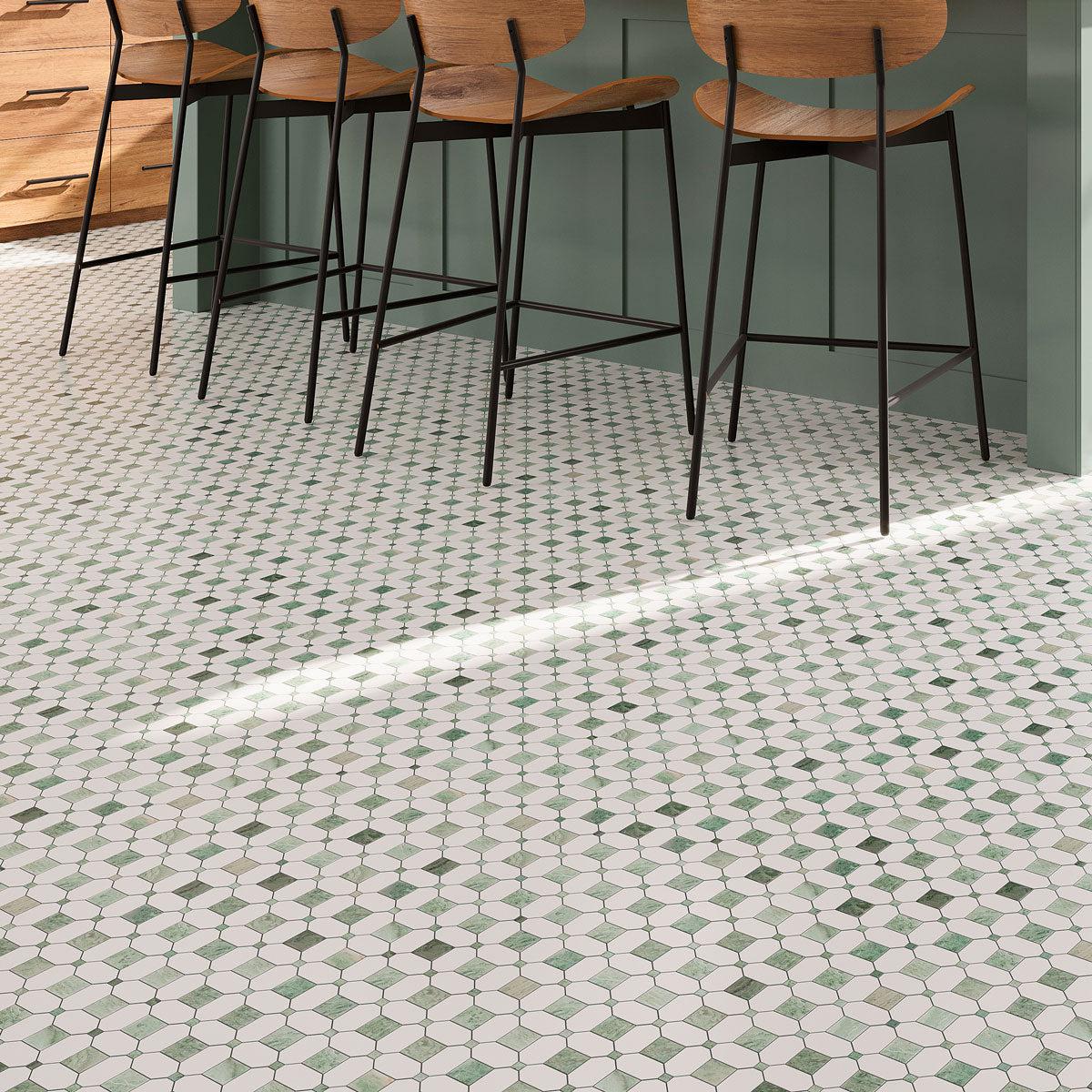 Envy Green Octagon and Thassos Square Marble Mosaic Tile