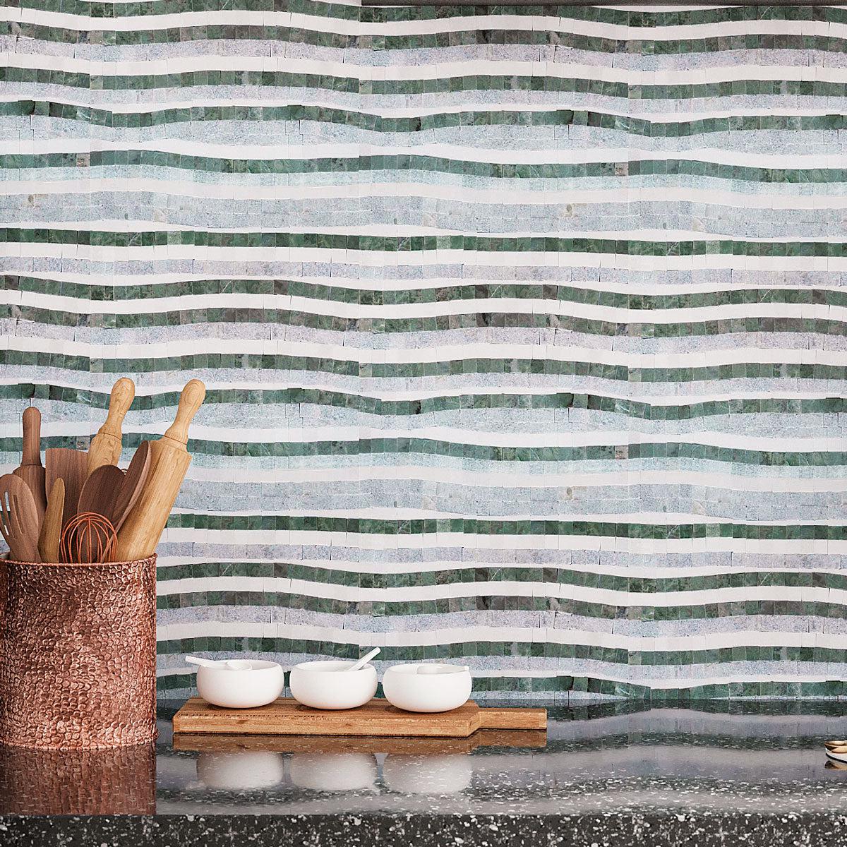 Envy Green and Thassos Waterfall Marble Mosaic Tile