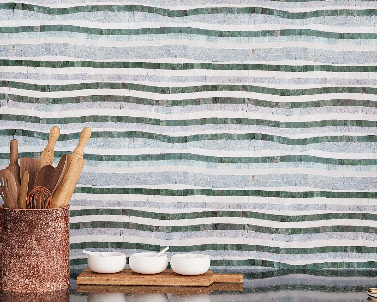 Envy Green and Thassos Waterfall Marble Mosaic Tile