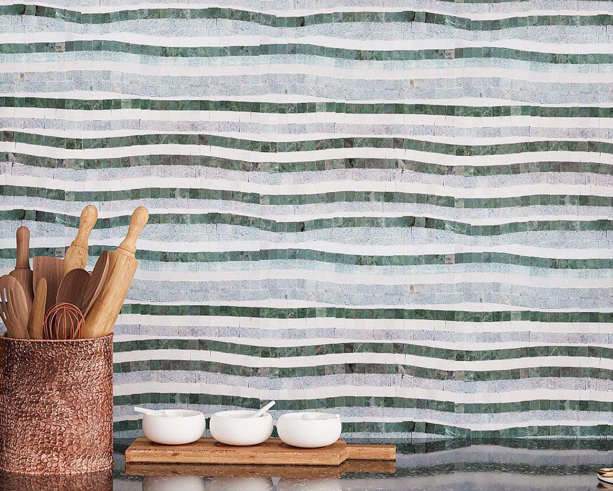 Envy Green and Thassos Waterfall Marble Mosaic Tile