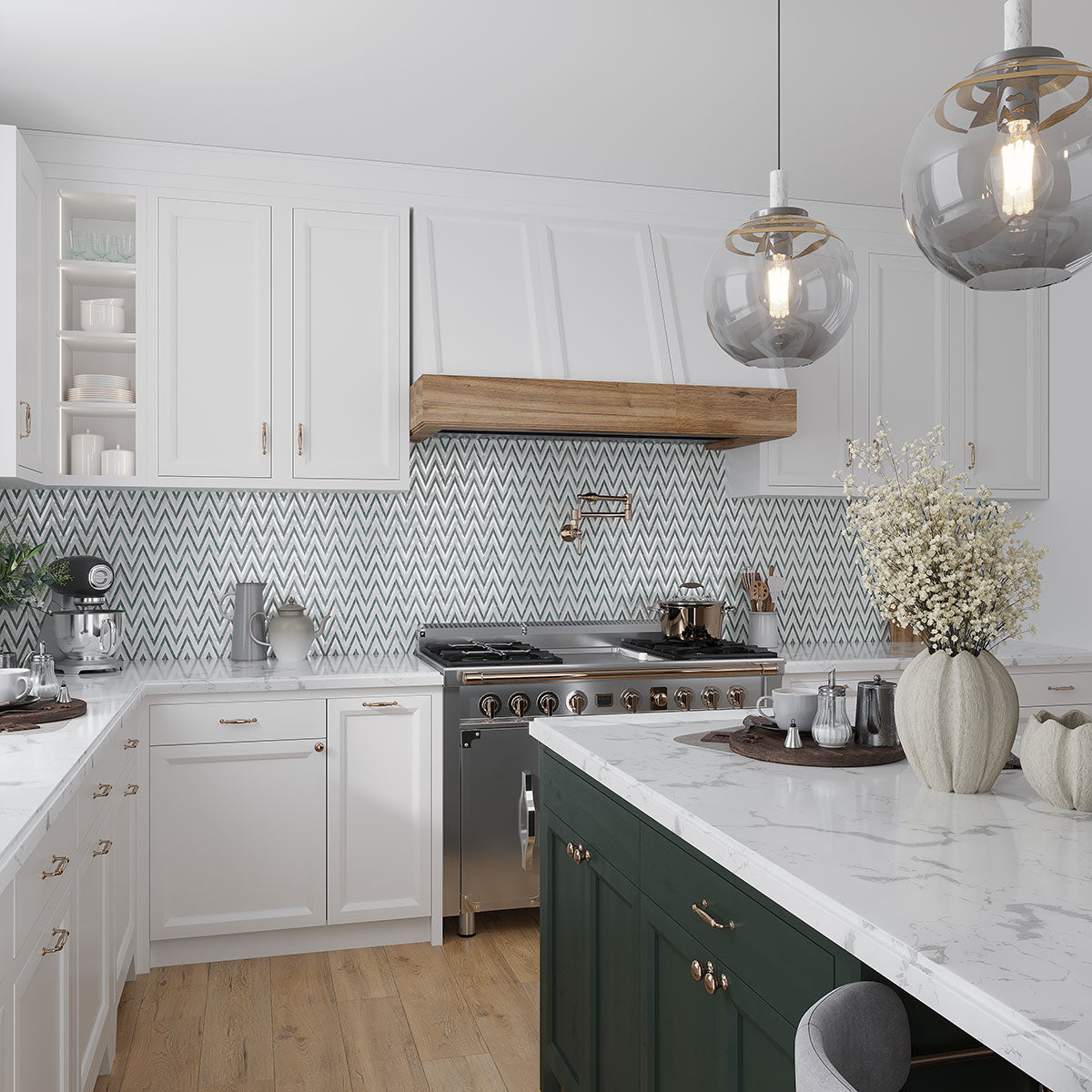 Envy Skinny Chevron Pearl Green Marble and Shell Tile | Tile Club