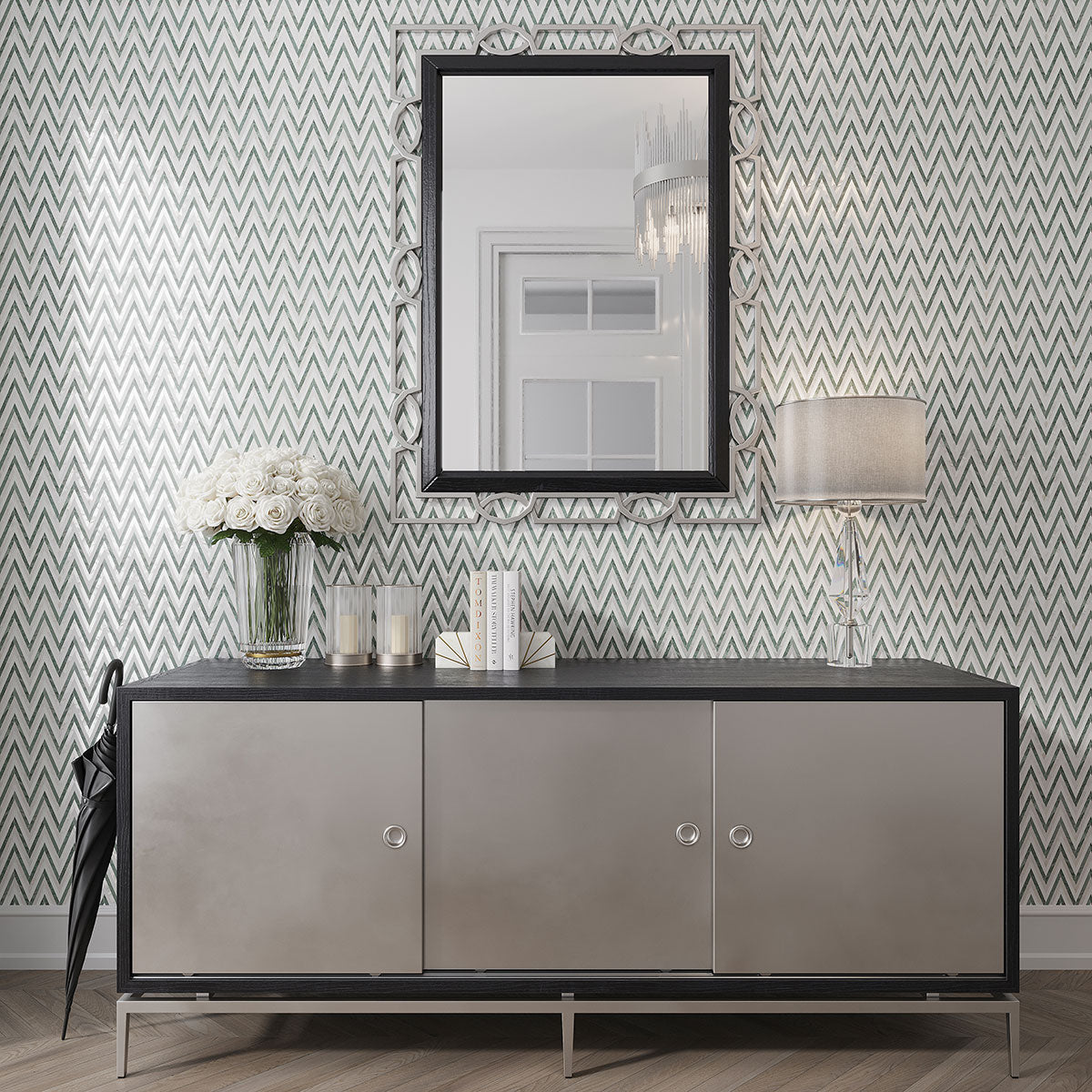 Envy Skinny Chevron Pearl Green Marble and Shell Tile | Tile Club