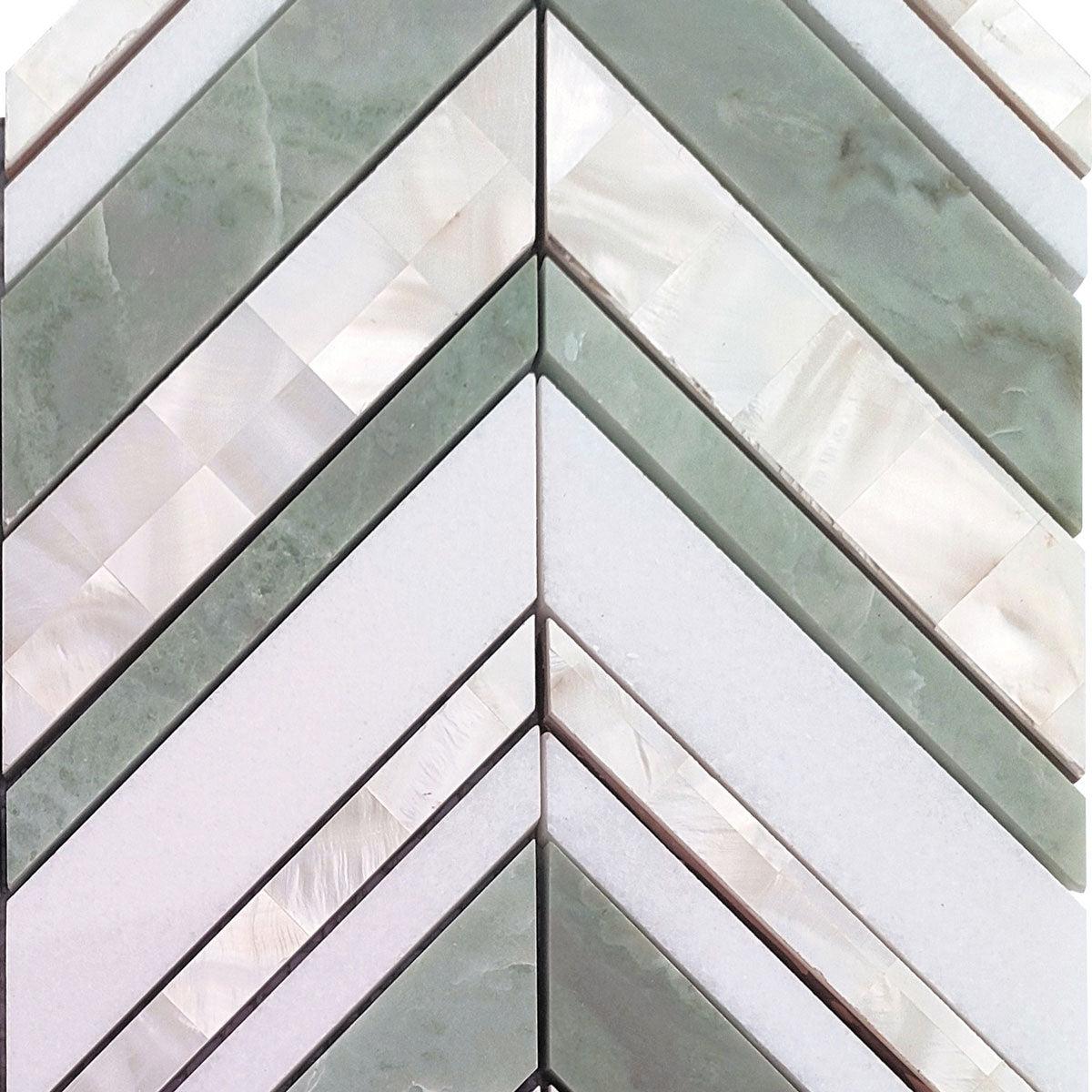 Envy Chevron Pearl Green Marble and Shell Tile | Tile Club