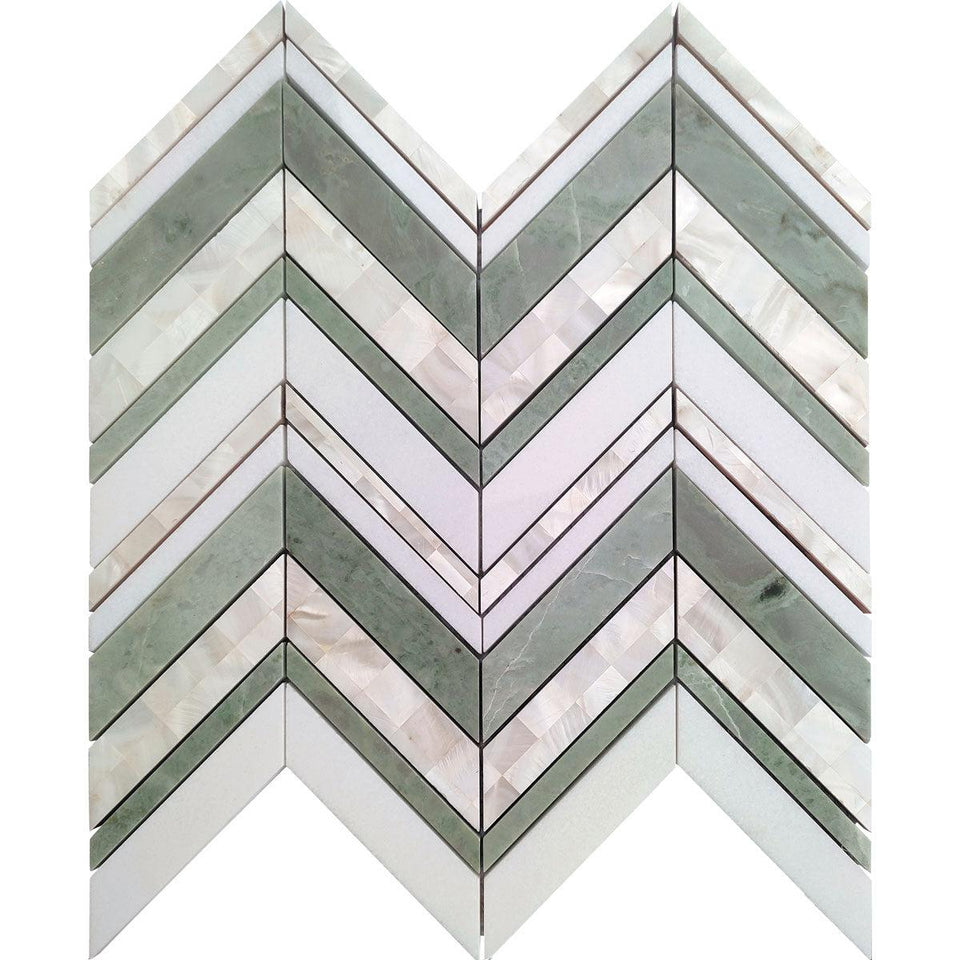 Envy Chevron Pearl Green Marble and Shell Tile | Tile Club
