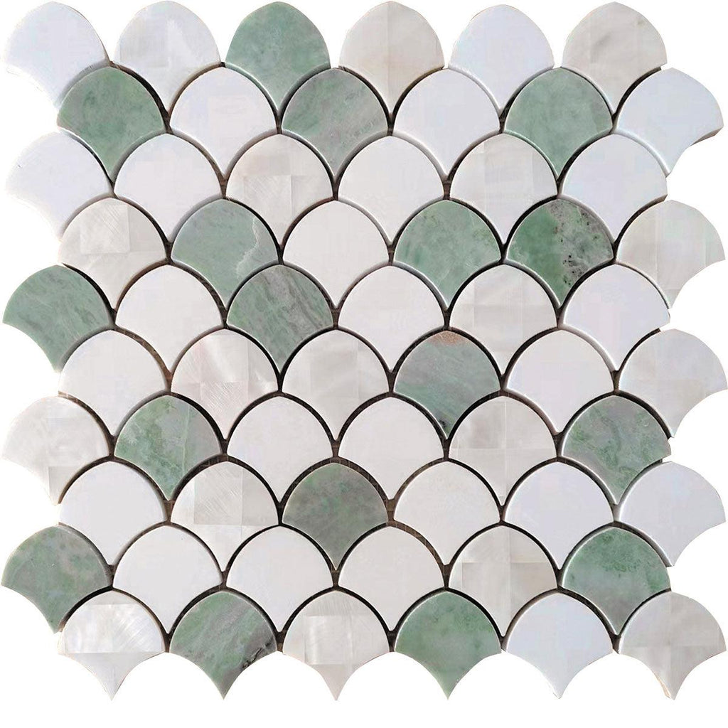 Envy Green Marble and Shell Mini Scale Marble Mosaic Tile | Tile Club