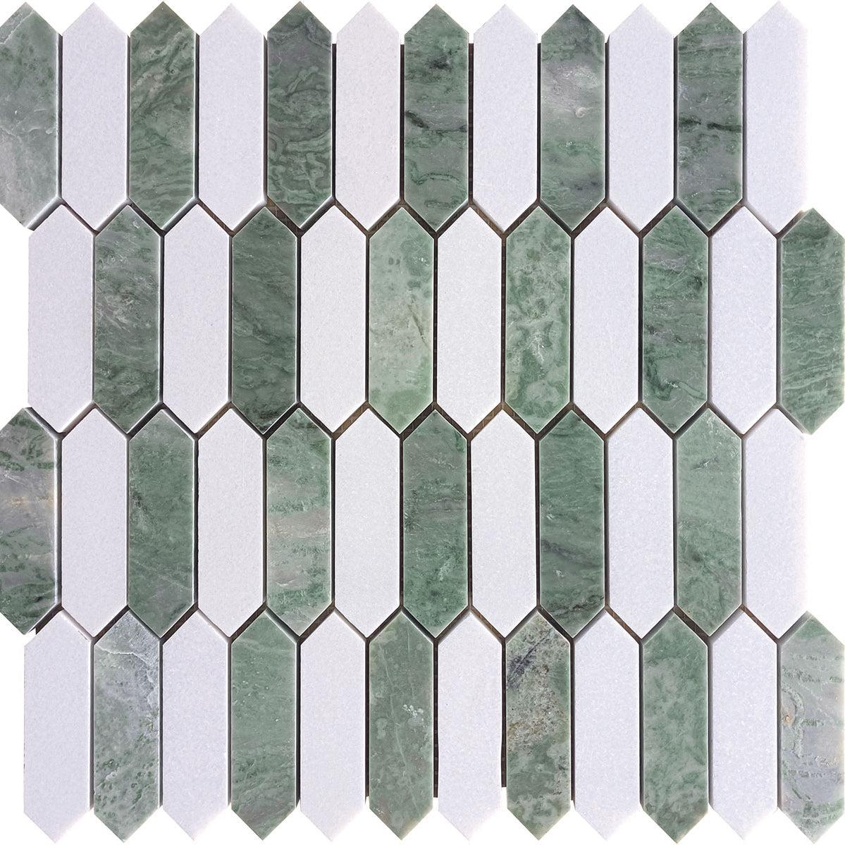 Envy Green and White Mini Picket Marble Mosaic Tile | Tile Club