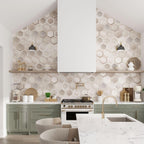 Hexagon wood look porcelain tile backsplash