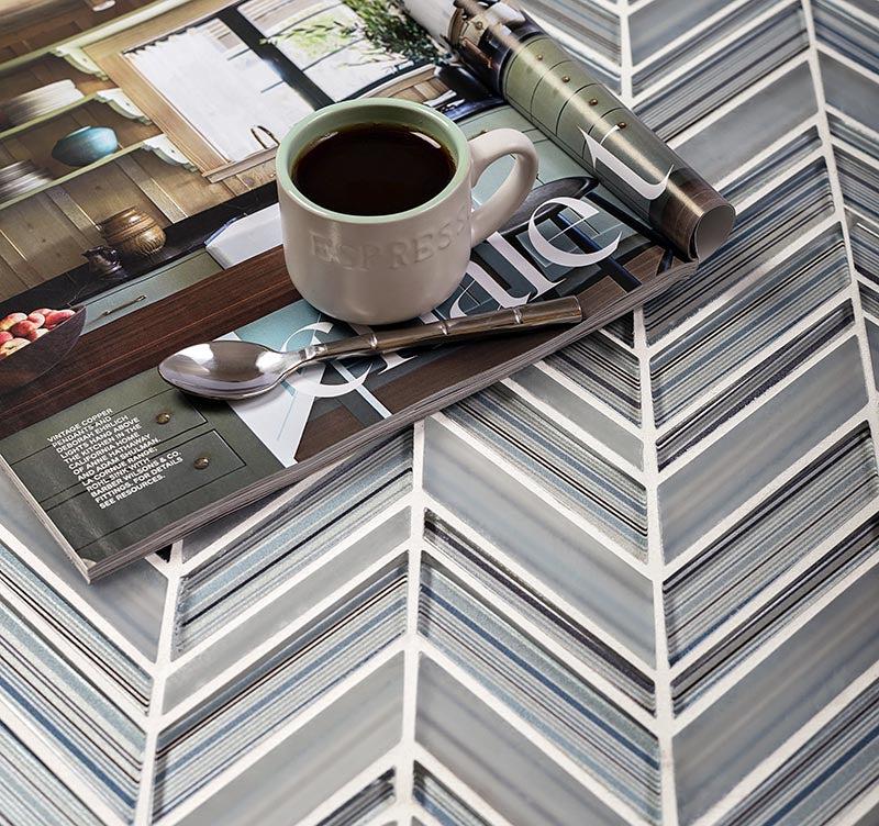 blue glass chevron mosaic tiles