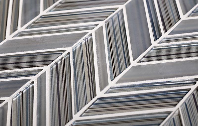 striped grey glass mosaic tiles with white grout