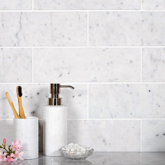Bianco Carrara 4X12 Polished Marble Tile Subway Bathroom Wall