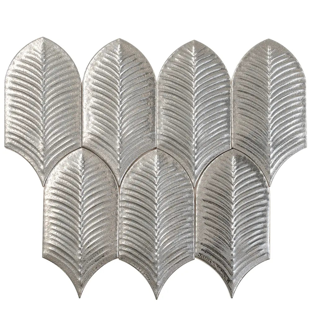 Plume Metallic Platinum Feather Ceramic Tile | Tile Club
