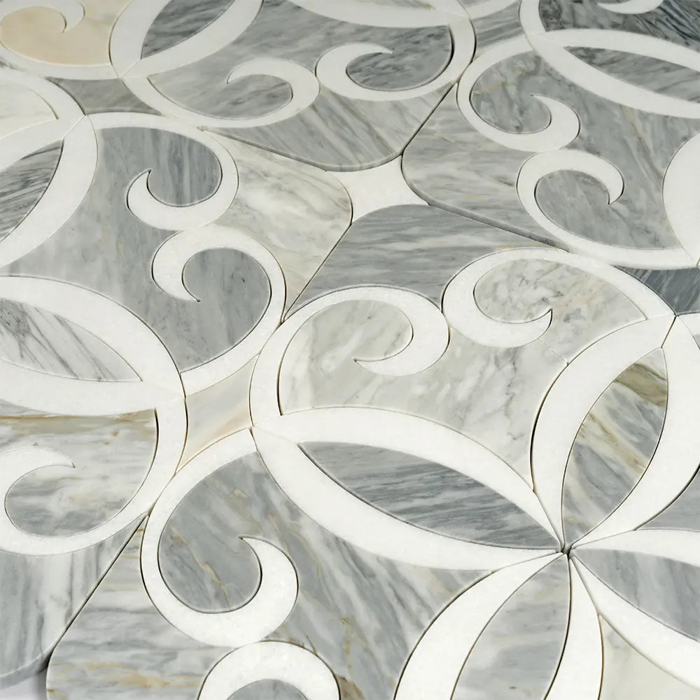 Scroll Calacatta Bluette and Thassos Marble Mosaic Tile | Tile Club