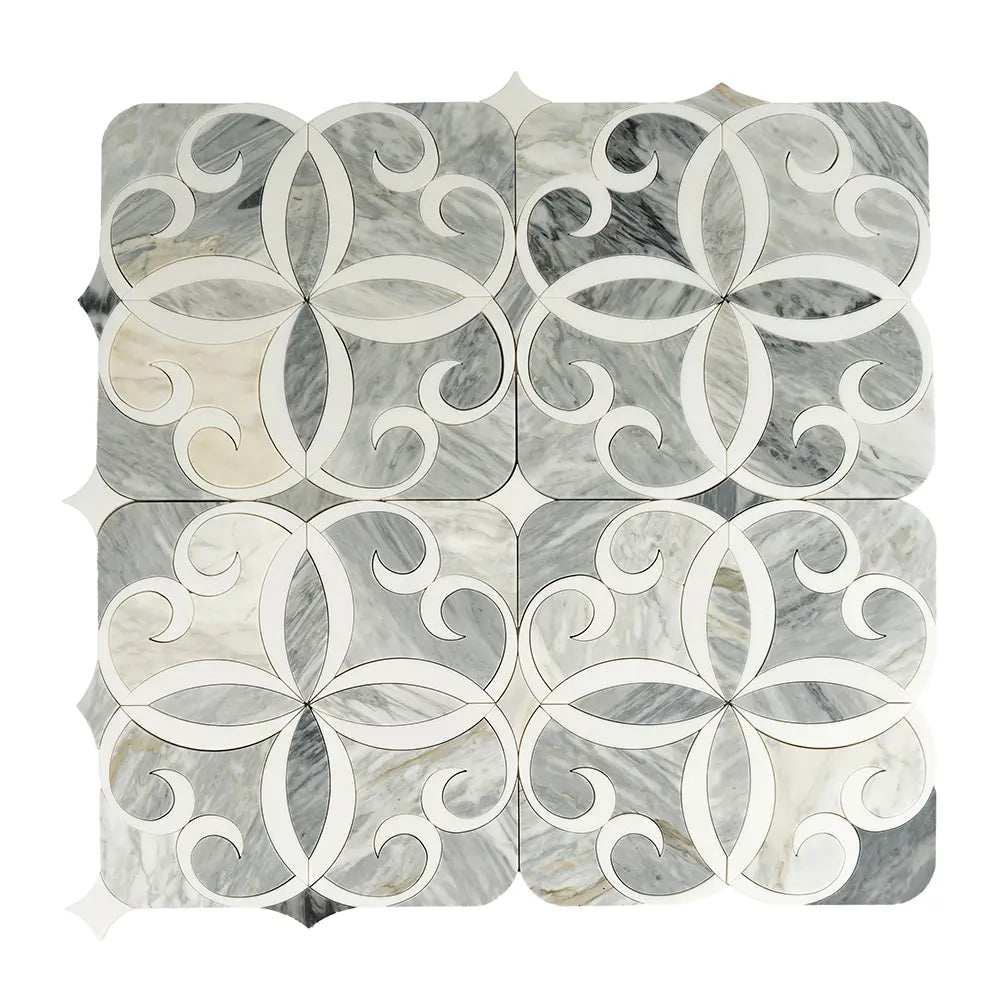 Scroll Calacatta Bluette and Thassos Marble Mosaic Tile | Tile Club