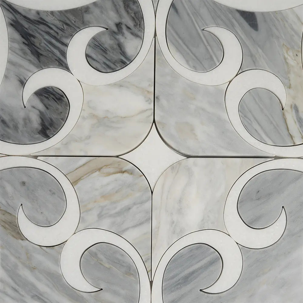 Scroll Calacatta Bluette and Thassos Marble Mosaic Tile | Tile Club
