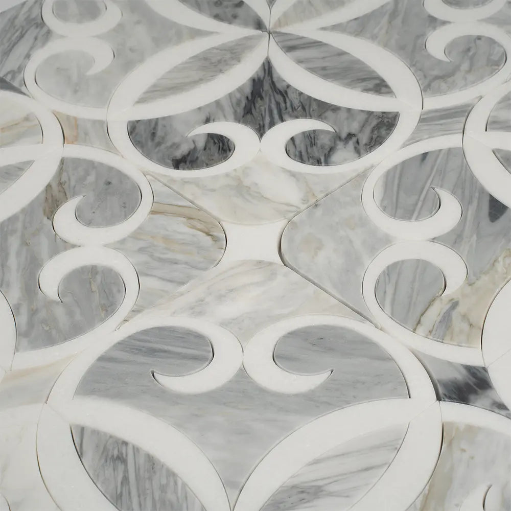 Scroll Calacatta Bluette and Thassos Marble Mosaic Tile | Tile Club