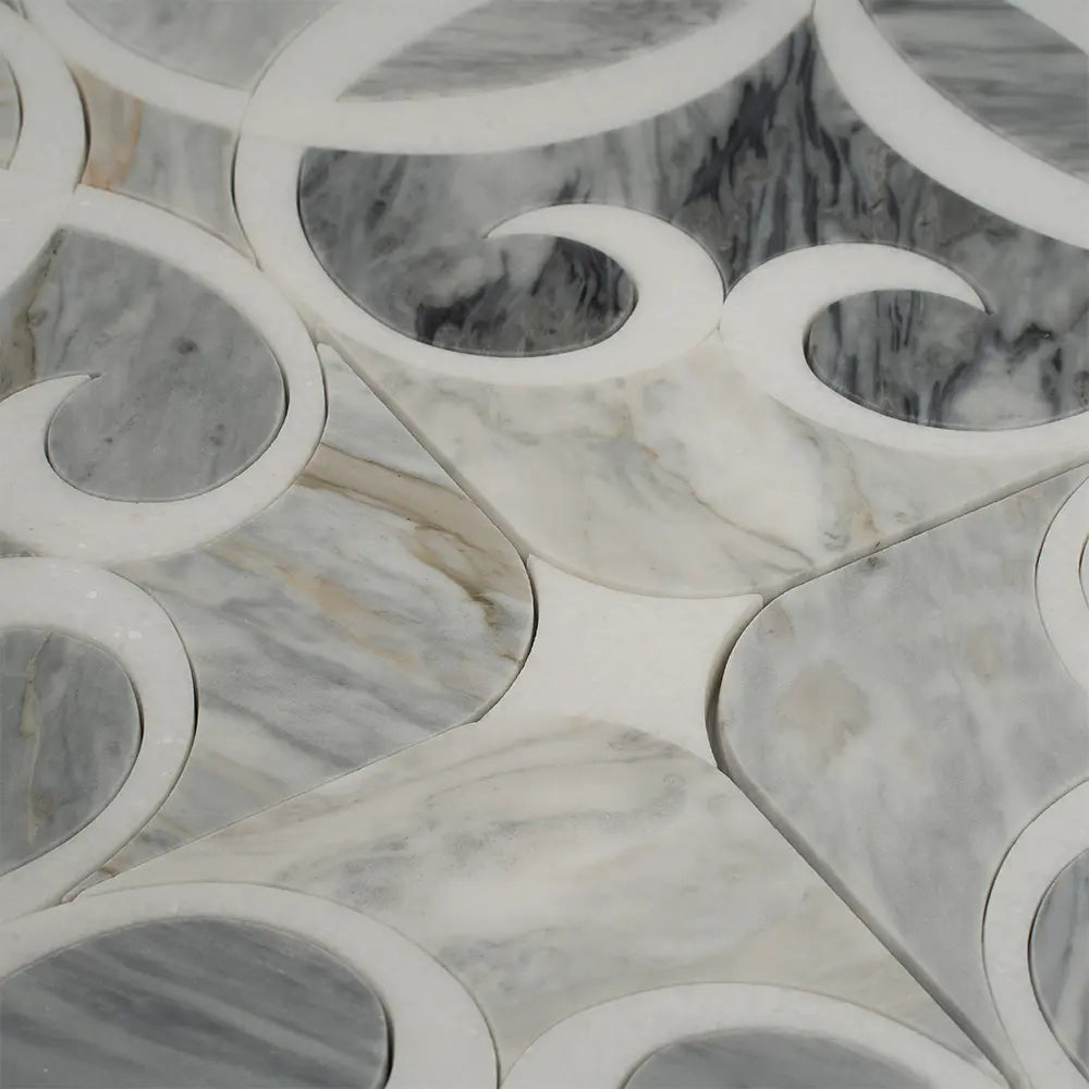 Scroll Calacatta Bluette and Thassos Marble Mosaic Tile | Tile Club