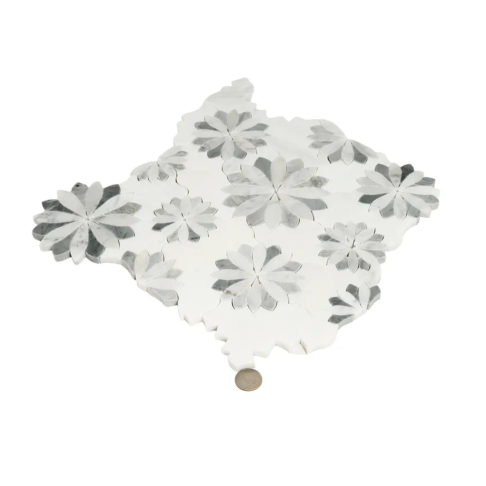 Floral Eternity White Carrara & Bardiglio Waterjet Mosaic Tile | Tile Club