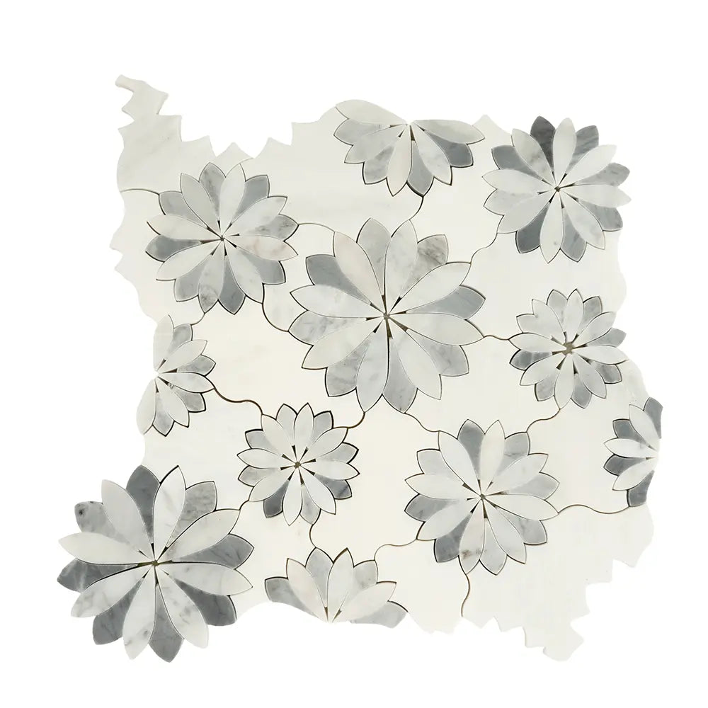 Floral Eternity White Carrara & Bardiglio Waterjet Mosaic Tile | Tile Club