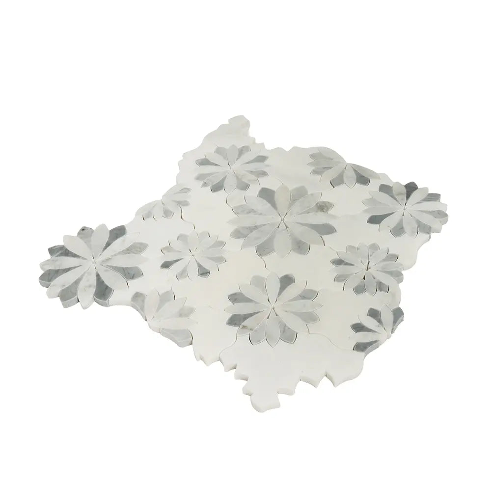Floral Eternity White Carrara & Bardiglio Waterjet Mosaic Tile | Tile Club