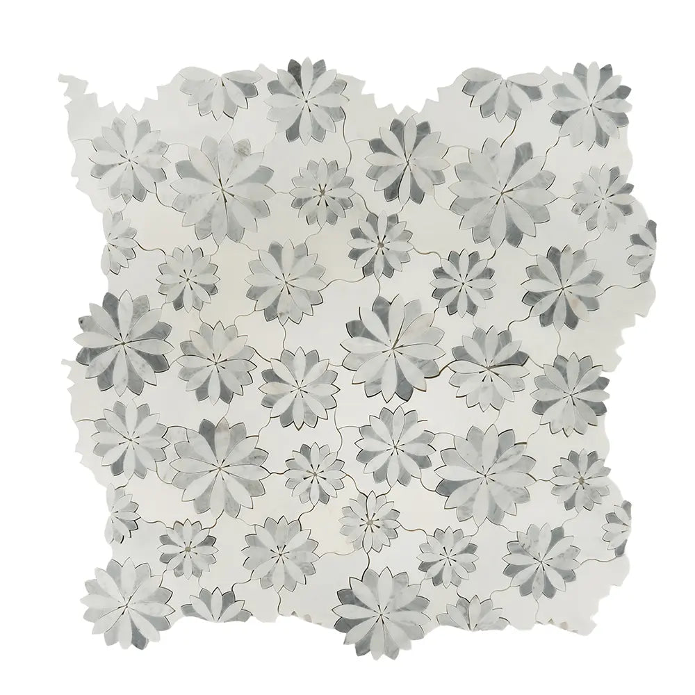 Floral Eternity White Carrara & Bardiglio Waterjet Mosaic Tile | Tile Club