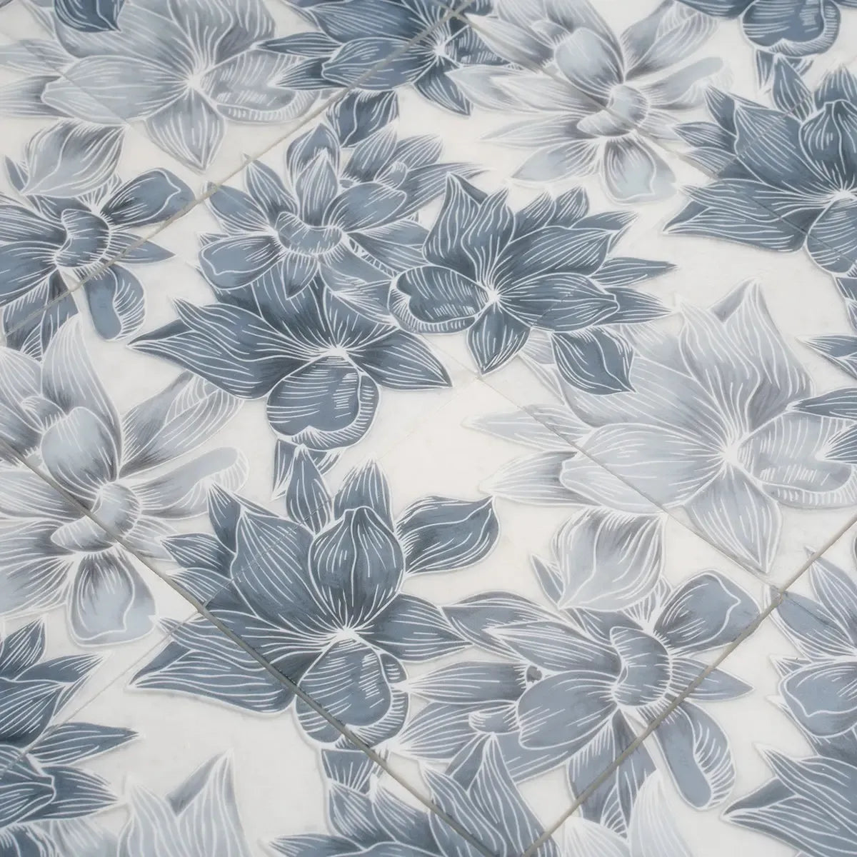 Bluma Floral Blue Etched Marble Mosaic | Tile Club
