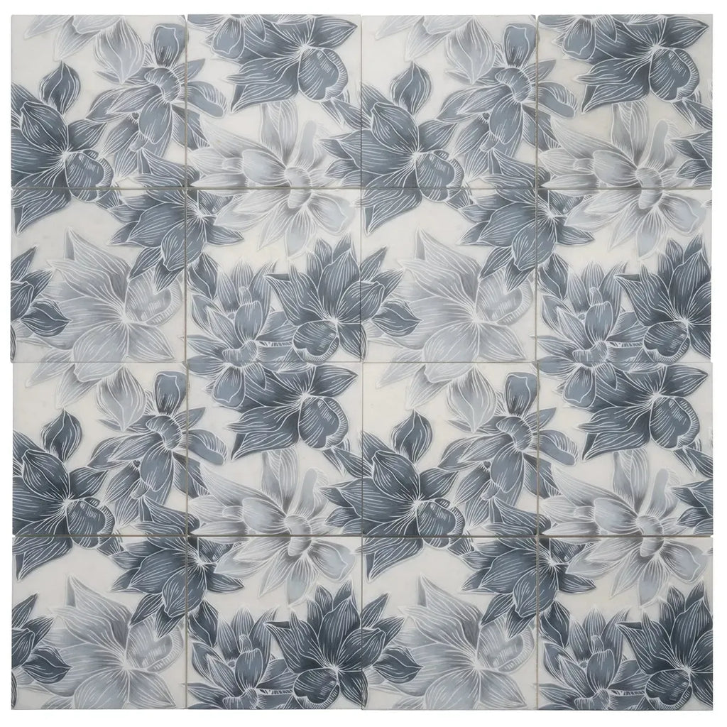 Bluma Floral Blue Etched Marble Mosaic | Tile Club