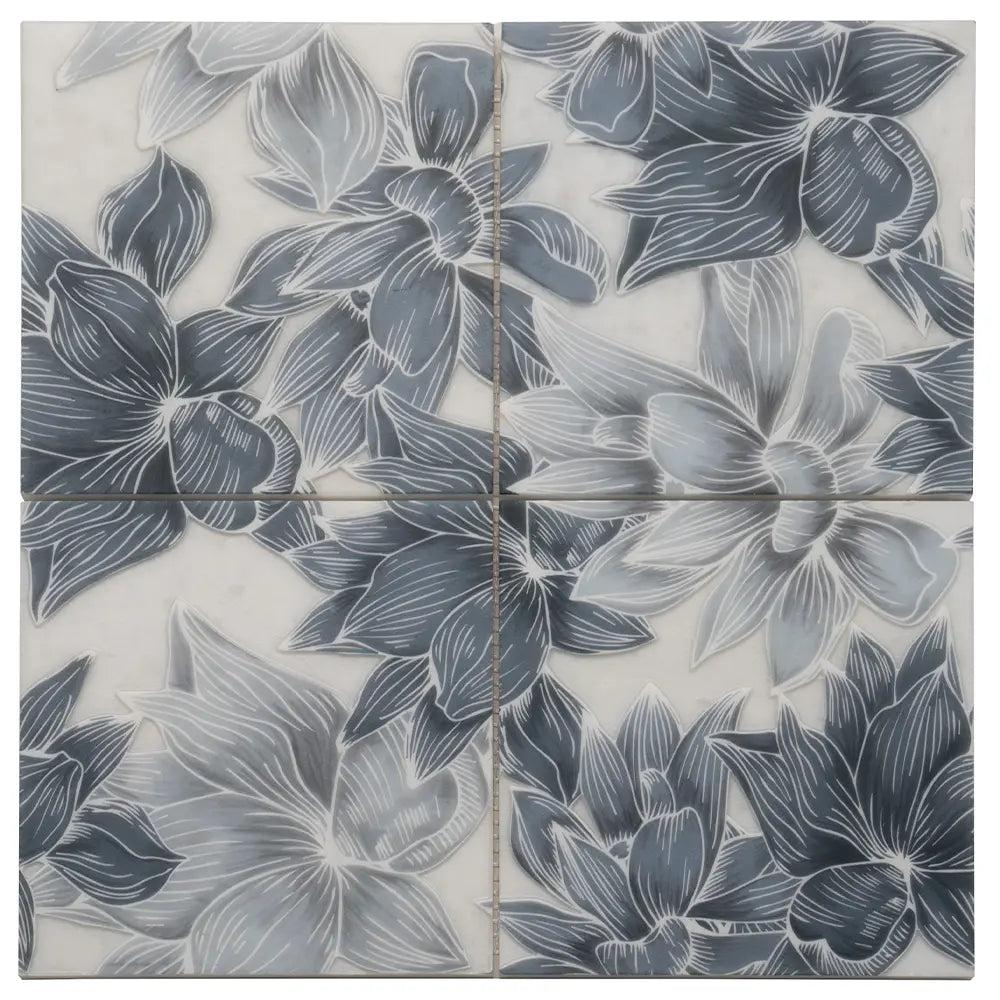 Bluma Floral Blue Etched Marble Mosaic | Tile Club