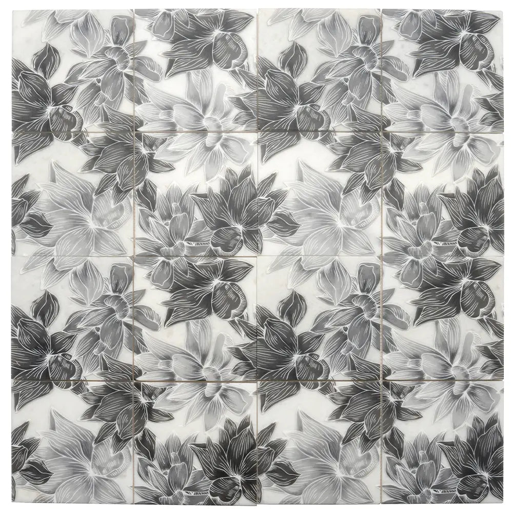 Bluma Floral Gray Etched Marble Mosaic