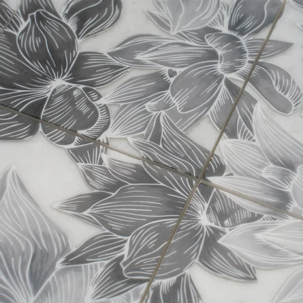 Bluma Floral Gray Etched Marble Mosaic