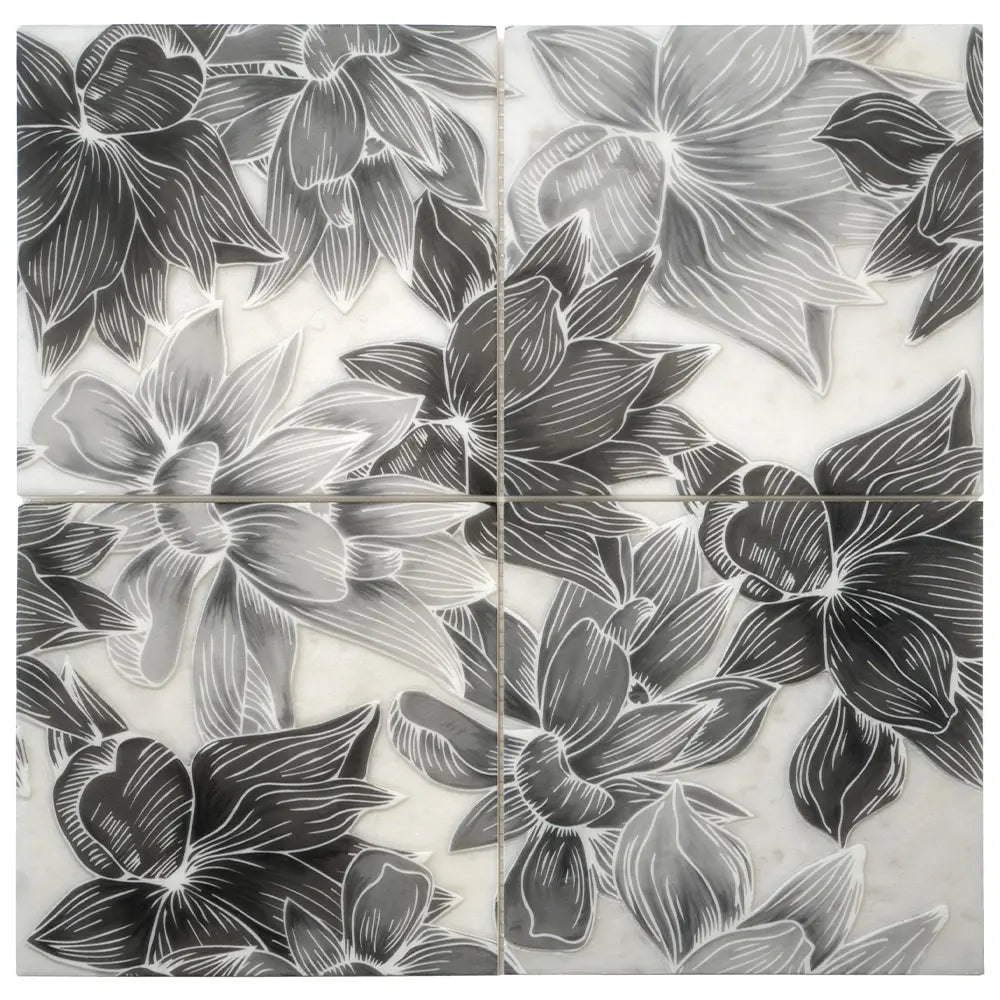 Bluma Floral Gray Etched Marble Mosaic