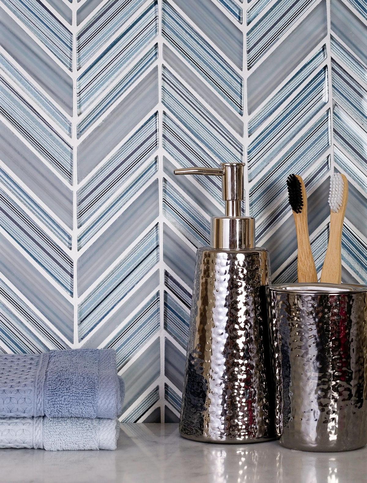 Blue Glass Chevron Mosaic tile for a bathroom wall