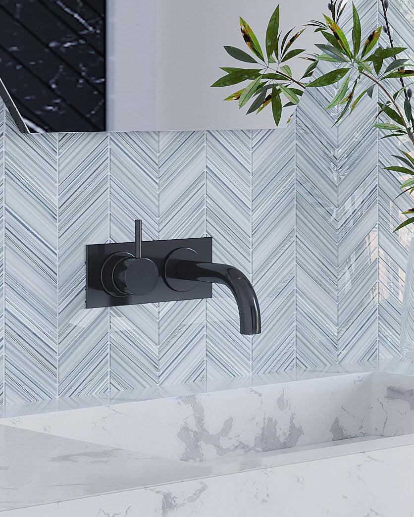Fabrique Blue Grey Chevron Glass Mosaic Tile Bathroom Vanity Backsplash