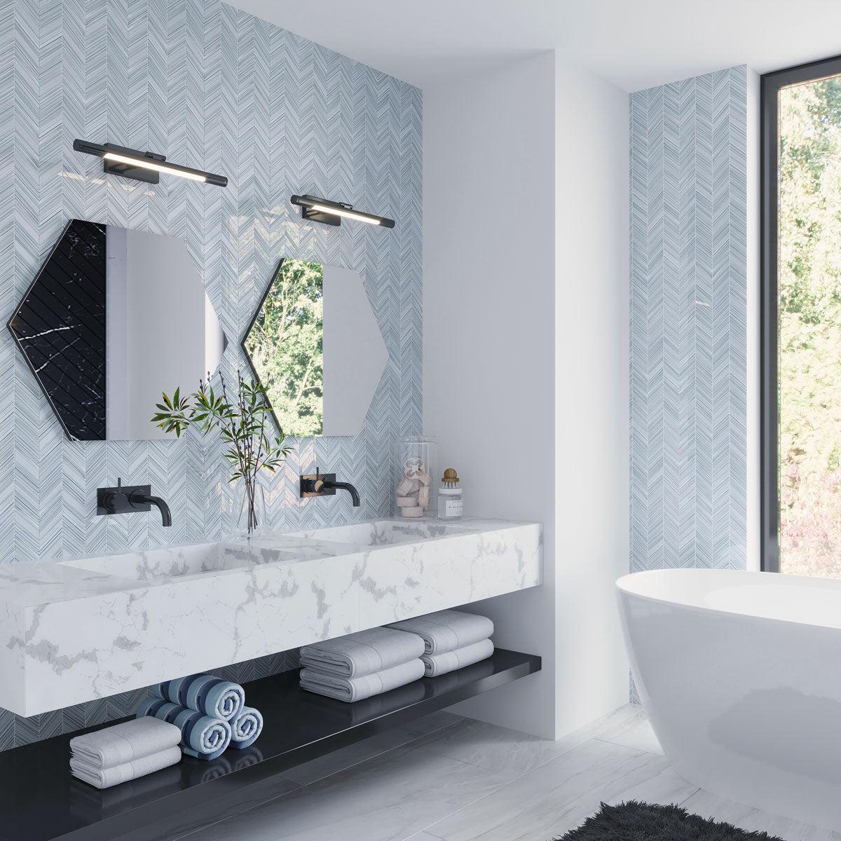 Bathroom Wall with Fabrique Blue Grey Chevron Glass Mosaic Tile Behind the Floating Vanity