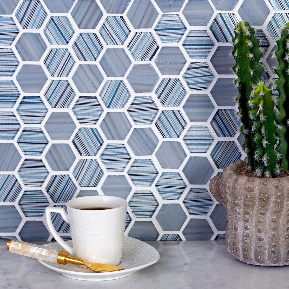 Fabrique Blue Grey Hexagon Glass Mosaic Tile