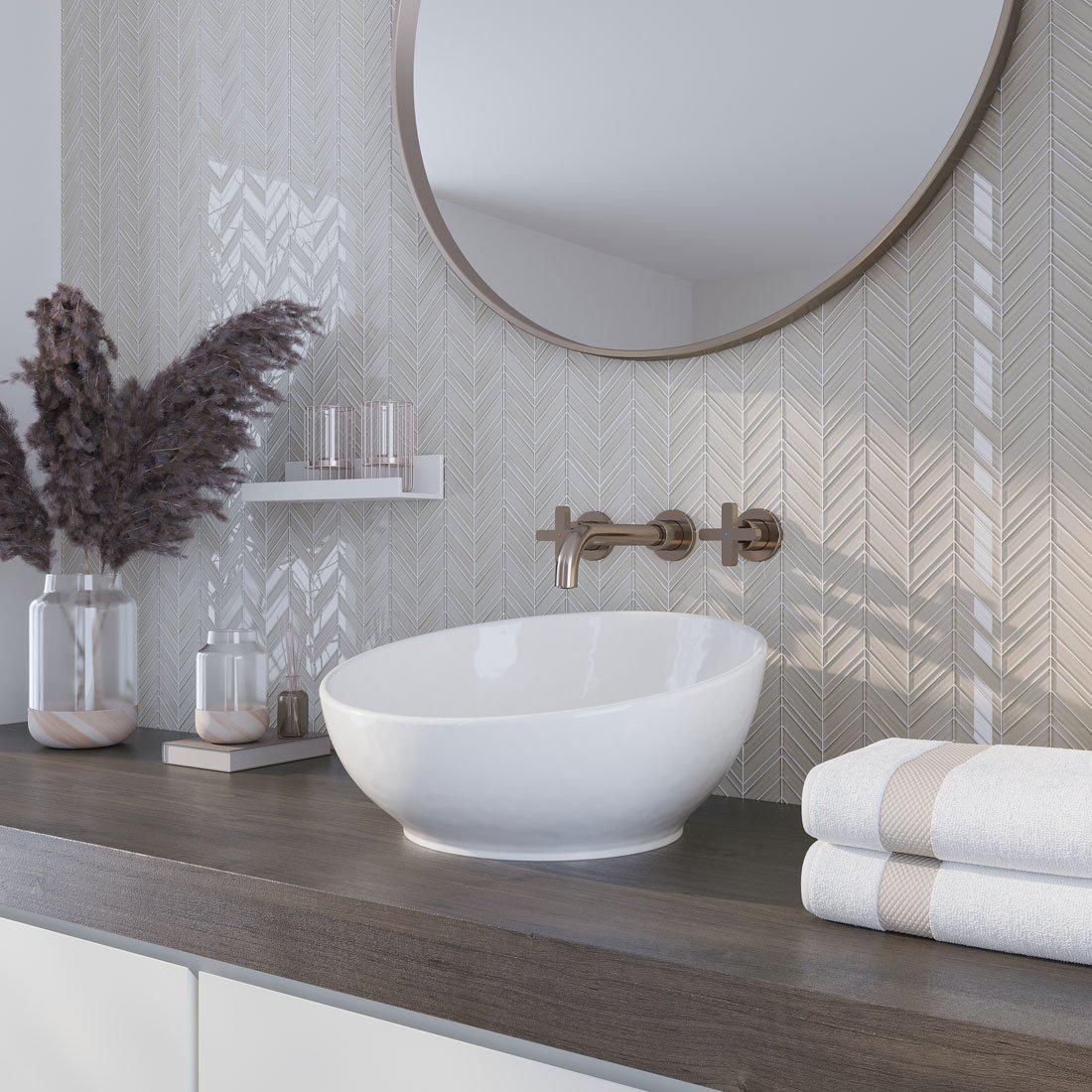 Fabrique White Chevron Glass Mosaic Tile Modern Bathroom Vanity Installation