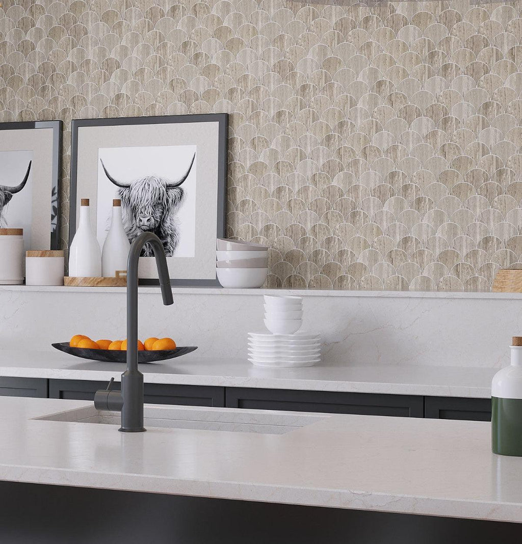 Fan Wooden Beige Marble Mosaic Tile for a Modern Ranch Kitchen Backsplash