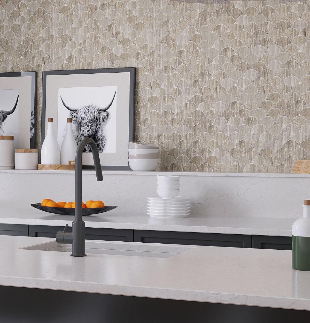 Fan Wooden Beige Marble Mosaic Tile for a Modern Ranch Kitchen Backsplash