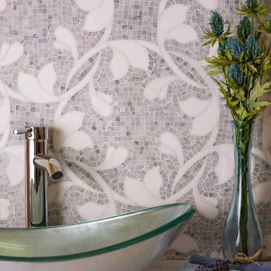 Gray and White Floral Dream Bianco Carrara & Thassos Mosaic Tile