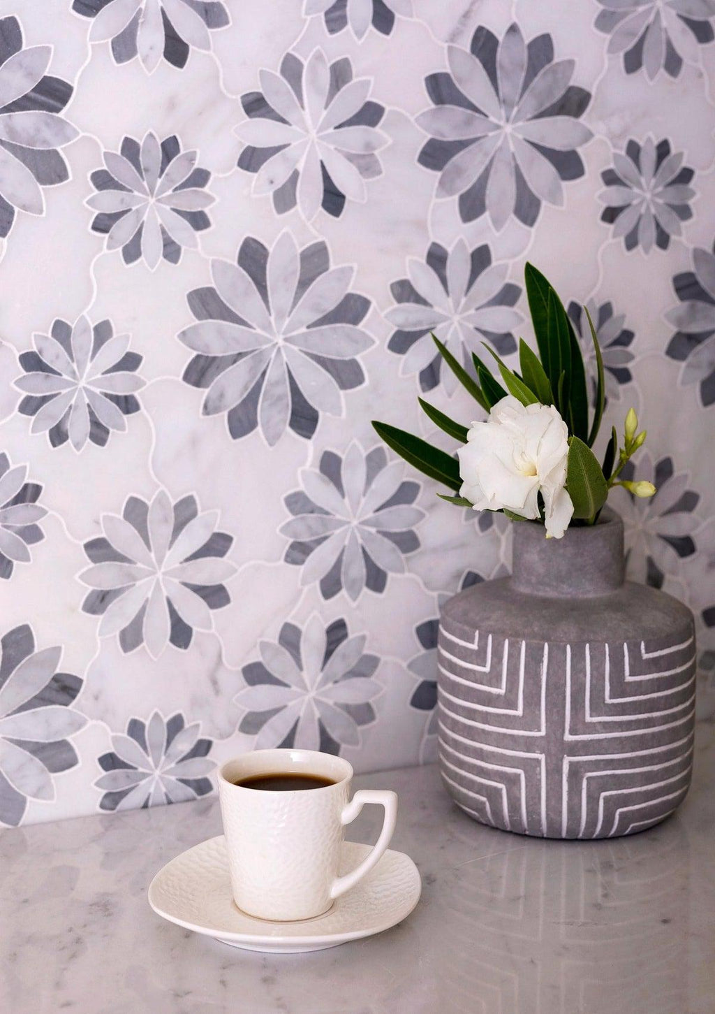 Floral Eternity White Carrara & Bardiglio Waterjet Mosaic Tile | Tile Club