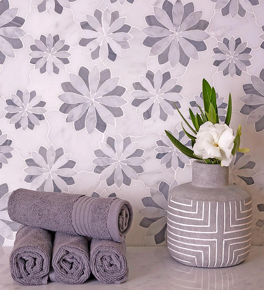 Floral Eternity White Carrara & Bardiglio Waterjet Mosaic Tile | Tile Club