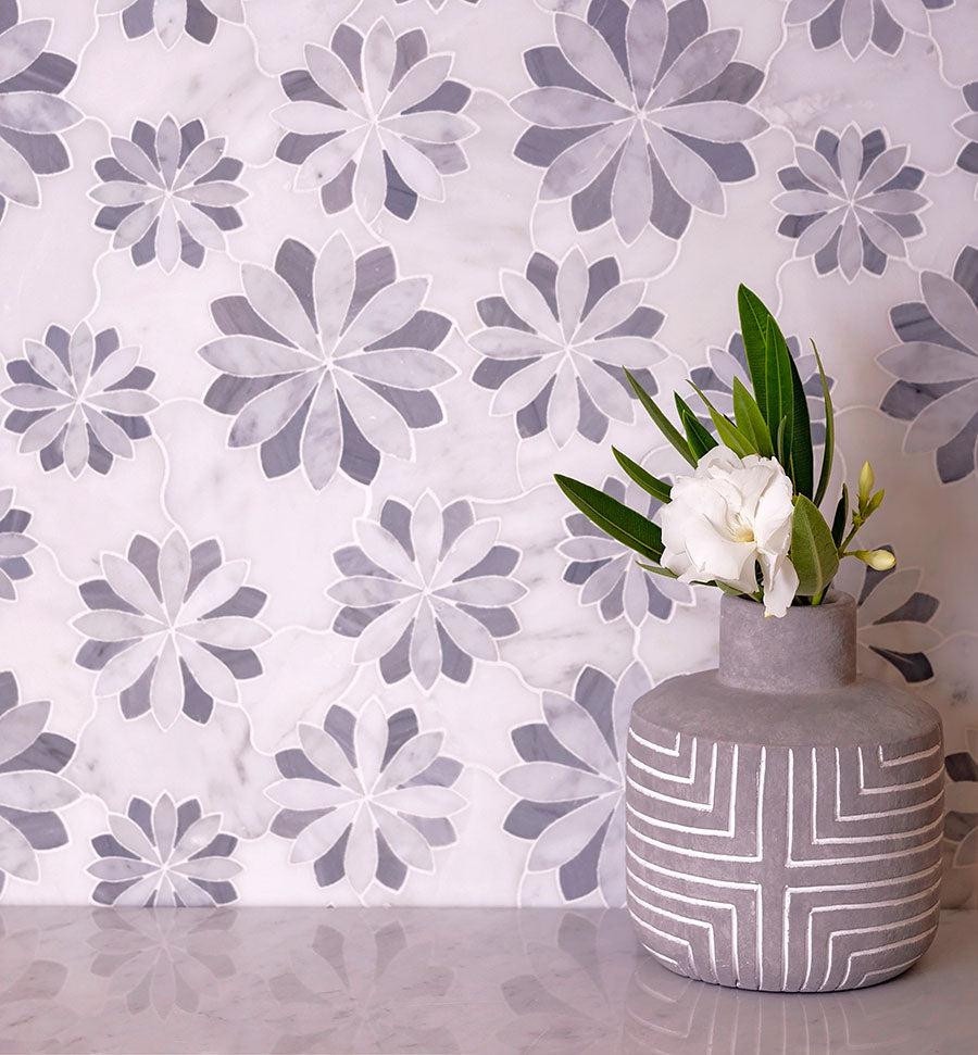 12" x 12" Floral Eternity White Carrara Waterjet Mosaic Tile
