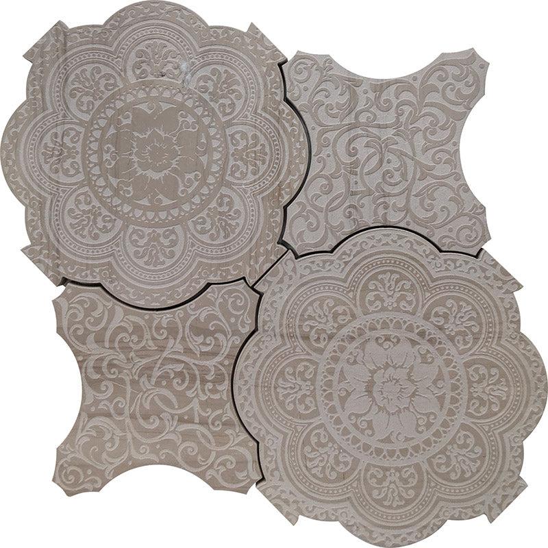 Floral Grey & Star Etched Stone Mosaic Tile
