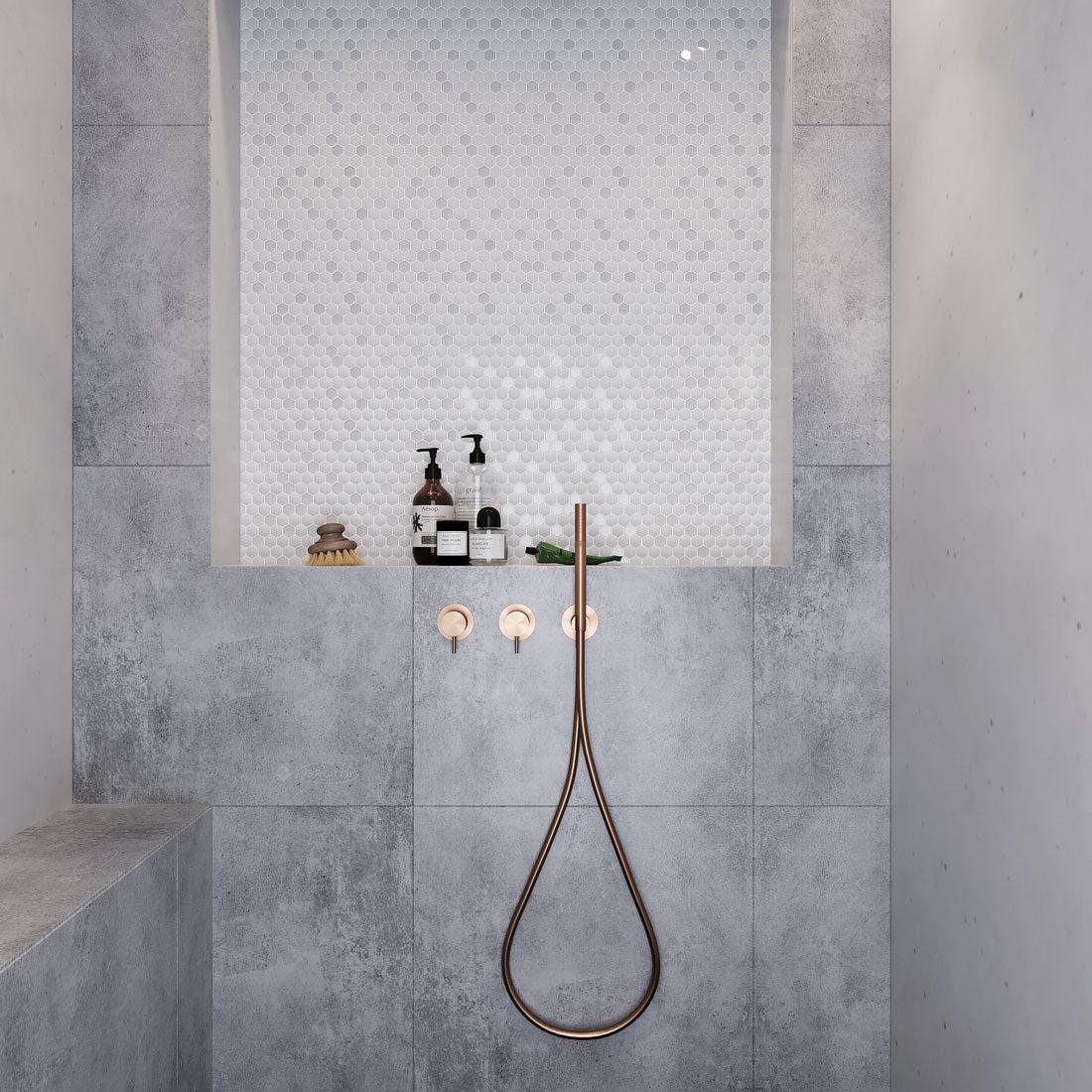 Shower Niche with White Recycled Glass Hexagon Mosaic Tile