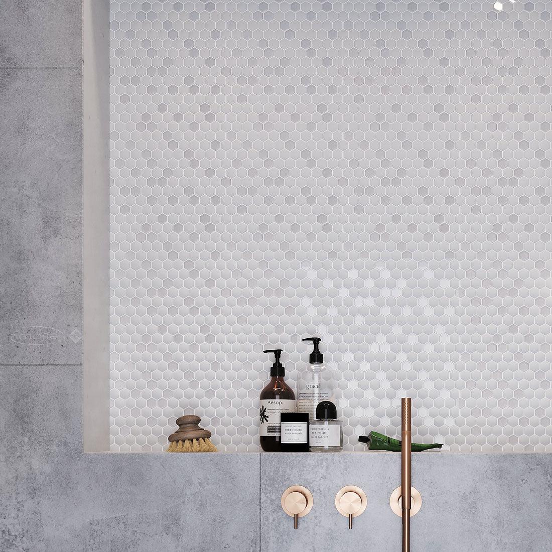 White Recycled Glass Hexagon Mosaic Tile Shower Niche